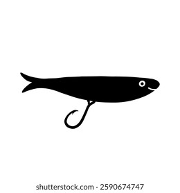 Fishing Lure Black Silhouette Clipart. Fish Hook Bait. Doodle Vector Illustration