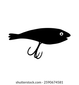 Fishing Lure Black Silhouette Element. Fish Hook Bait. Doodle Vector Illustration