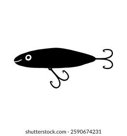 Fishing Lure Black Silhouette. Fish Hook Bait. Doodle Vector Illustration