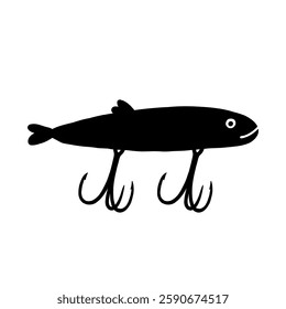 Fishing Lure Black Silhouette Isolated. Fish Hook Bait. Doodle Vector Illustration