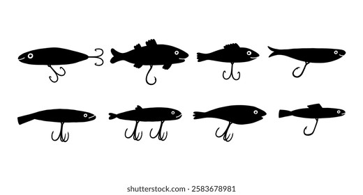 Fishing Lure Black Silhouette Set. Fish Hook Bait Collection. Doodle Vector Illustration