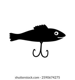 Fishing Lure Black Silhouette Single. Fish Hook Bait. Doodle Vector Illustration