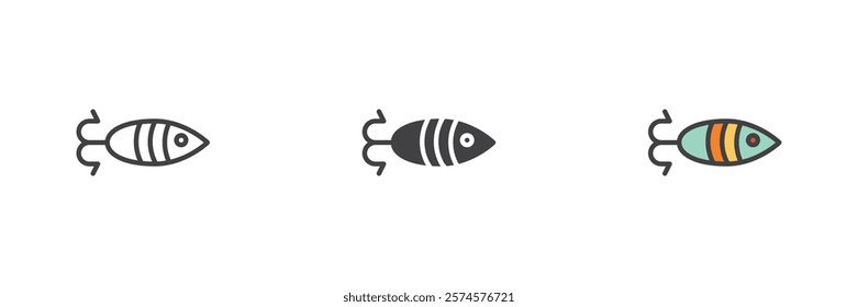 Fishing lure different style icon set. Line, glyph and filled outline colorful version, outline and filled vector sign. Symbol, logo illustration. Vector graphics