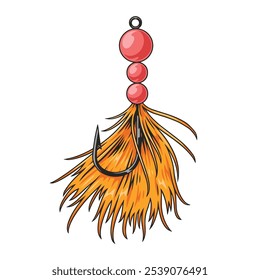 A fishing lure featuring bright orange feathers and red beads hangs in mid-air showcasing its bright colors and intricate design perfect for attracting fish during a sunny day.