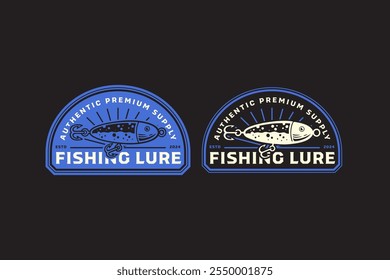 fishing lure with fish shape, fishing bait retro badge logo design set. fishing tackle, balsa float vintage emblem logo collection for fisherman, fishing equipment, sport and competition