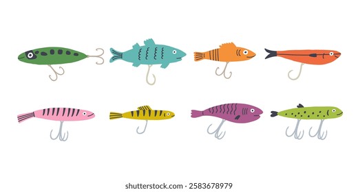 Fishing Lure Flat Set. Fish Hook Bait Collection. Doodle Vector Illustration