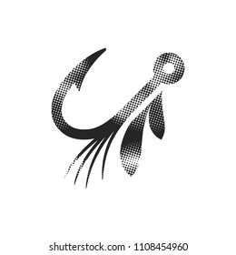 Fishing lure icon in halftone style. Black and white monochrome vector illustration.