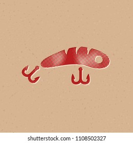 Fishing lure icon in halftone style. Grunge background vector illustration.