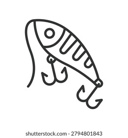 Fishing lure, icon in line design. lure, fishing, hook, bait, fish, tackle, equipment on white background vector. Fishing lure editable stroke icon