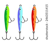 fishing lure illustration in various colour cartoon style with sharp fishing hook