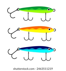 fishing lure illustration in various colour cartoon style with double sharp fishing hook