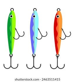 fishing lure illustration in various colour cartoon style with sharp fishing hook