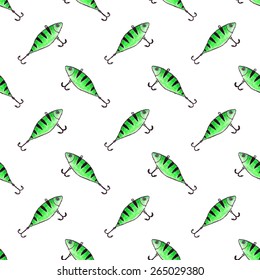Fishing lure. Seamless watercolor pattern with wobbler on the white background, aquarelle. Vector illustration. Hand-drawn decorative element. Real watercolor painting
