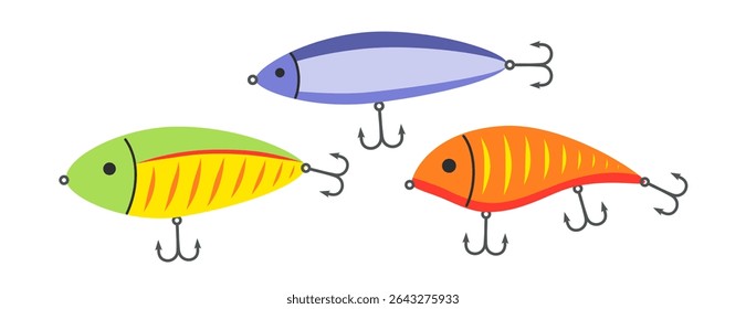 Conjuntos de isca de pesca. Isca de pesca. Isca artificial de peixe em cores diferentes. Acessório de ângulo. Ilustração de vetor plano desenhada à mão isolada no fundo branco