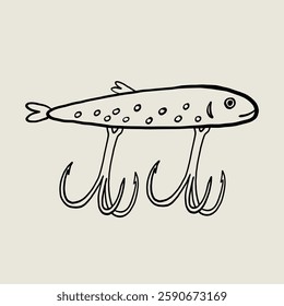 Fishing Lure Sketch Clipart. Fish Hook Bait. Linear Vector Illustration