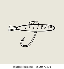 Fishing Lure Sketch Graphic. Fish Hook Bait. Linear Vector Illustration