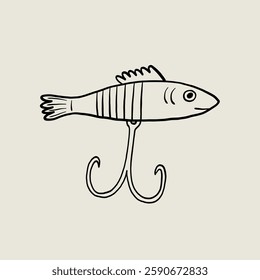 Fishing Lure Sketch Line. Fish Hook Bait. Linear Vector Illustration