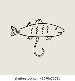 Fishing Lure Sketch Single. Fish Hook Bait. Linear Vector Illustration