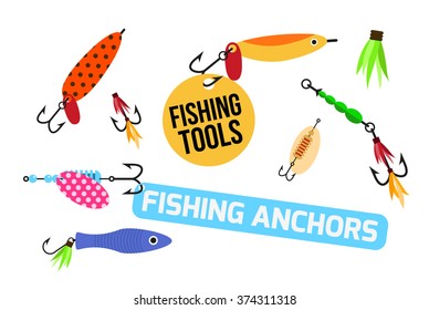 Fishing lure vector set. Fishing tools illustration. Fishing hook vector set. Fishing symbols. Fishing vector icon.