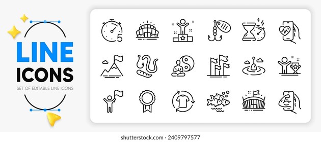 Fishing lure, Worms and Hourglass timer line icons set for app include Yoga, Winner, Timer outline thin icon. Arena stadium, Fitness, Winner cup pictogram icon. Fishing float, Leadership. Vector