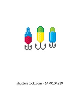 fishing lures. 8-bit. Pixel art icon set. Element design for mobile app, web, sticker, logo. Game assets sprite. retro graphic.