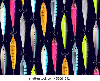 Fishing lures background. Hooks for catching salmon, tuna, pike, perch, marlin, bass, trout or tarpon. Underwater wobblers vector wallpaper for web or printed products.