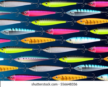 Fishing lures background. Hooks for catching salmon, tuna, pike, perch, marlin, bass, trout or tarpon. Underwater wobblers vector wallpaper for web or printed products.