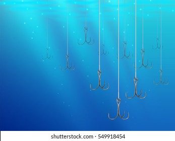 Fishing lures backgrounds. Realistic hooks wallpaper for catching salmon, catfish, tuna, pike, perch, marlin, bass, trout or tarpon. Underwater wobblers vector for web and printed products.