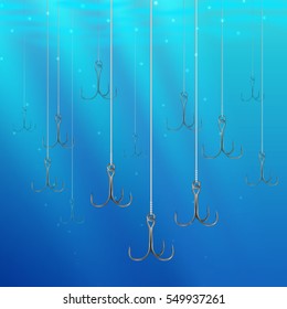 Fishing lures backgrounds. Realistic hooks wallpaper for catching salmon, catfish, tuna, pike, perch, marlin, bass, trout or tarpon. Underwater wobblers vector for web and printed products.