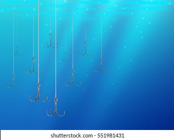 Fishing lures backgrounds. Realistic hooks wallpaper for catching salmon, catfish, tuna, pike, perch, marlin, bass, trout or tarpon. Underwater wobblers vector for web and printed products.