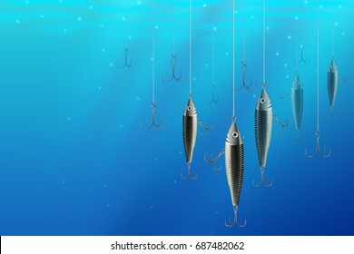 Fishing lures backgrounds. Realistic hooks wallpaper for catching salmon, catfish, tuna, pike, perch, marlin, bass, trout or tarpon. Underwater wobblers vector for web and printed products.
