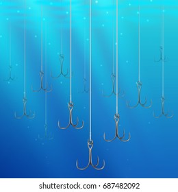 Fishing lures backgrounds. Realistic hooks wallpaper for catching salmon, catfish, tuna, pike, perch, marlin, bass, trout or tarpon. Underwater wobblers vector for web and printed products.
