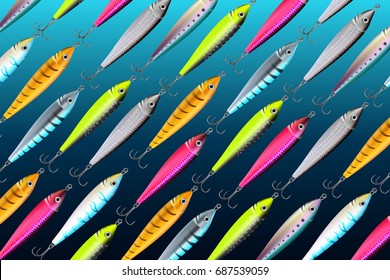 Fishing lures backgrounds. Realistic hooks wallpaper for catching salmon, catfish, tuna, pike, perch, marlin, bass, trout or tarpon. Underwater wobblers vector for web and printed products.