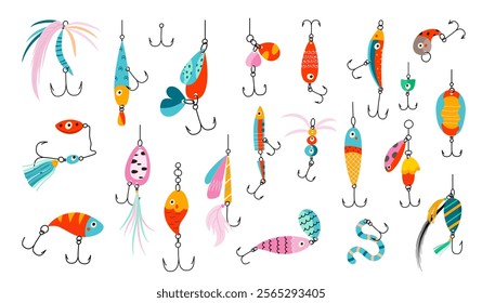 Fishing lures. Baits for catching fish, fishing equipment. Isolated different colorful angling, lure, fisherman tools for seasonal hobby, nowaday vector set