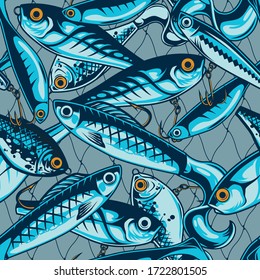 Fishing lures and baits seamless pattern with fisherman artificial accessories in vintage style vector illustration