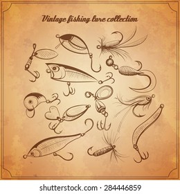 fishing lures collection of design elements sketch style vintage vector illustration. hard baits, jigs, wobblers, metal baits and fly fishing lures for your design progect
