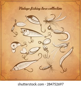 fishing lures collection of design elements sketch style vintage vector illustration. hard baits, jigs, wobblers, metal baits and fly fishing lures for your design project