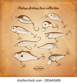 fishing lures collection of design elements sketch style vintage vector illustration. hard baits, wobblers for your design project