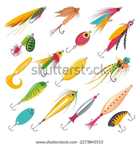 Fishing lures. Fish lure plastic bait crankbait, fishery tackle elements fisher accessories minnow spinning wobbler hand spoons dragonfly baits, vector illustration of fishing equipment, bait isolated