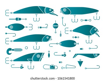fishing lures an hook icon set vector illustration