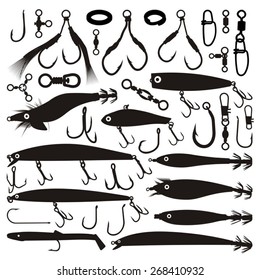 Fishing lures, hooks and equipment silhouettes isolated on white background.