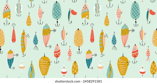 Fishing lures seamless pattern. Cute colorful fishing hook repeat background. Vector Fathers day wallpaper, print for Dads day, fisherman equipment. Funny textile design, wrap paper, cartoon design.