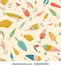 Fishing lures seamless pattern. Cute colorful fishing hook repeat background. Vector Fathers day wallpaper, print for Dads day, fisherman equipment. Funny textile design, wrap paper, cartoon design.