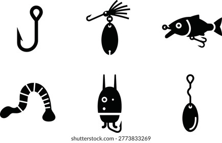 Fishing lures tackle silhouette vector icon collection featuring hooks spinner bait artificial fish worm lure and metal spoon arranged in grid layout isolated on white background