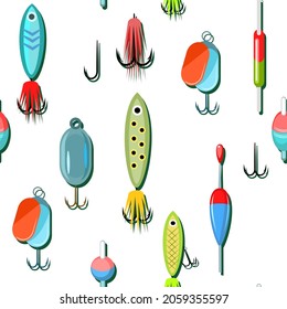 Fishing lures and wobblers. Equipment and accessories for recreation and hunting on reservoirs. Sale of fishing rods and clothing. Seamless pattern. Illustration vector