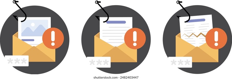 Conjunto de iconos de correo de pesca, gancho de pesca de correo electrónico y Contraseña, phishing de datos y hacking icono, diseño de Vector plano. 
