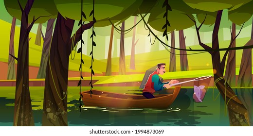 Fishing man in boat catching fish in net on forest lake or pond at summer time. Mature male character with haul in skip, recreational hobby, summertime activity, leisure, cartoon Vector illustration