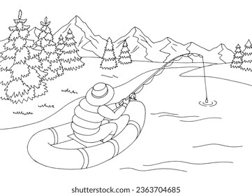 Fishing man in a boat graphic black white landscape sketch illustration vector 