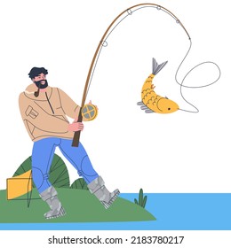 Fishing. A man catches a big fish in a pond with a bait. Good luck fishing for golden fish. Stylish flat vector illustration. Eps10