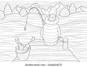 Fishing man coloring graphic black white landscape sketch illustration vector